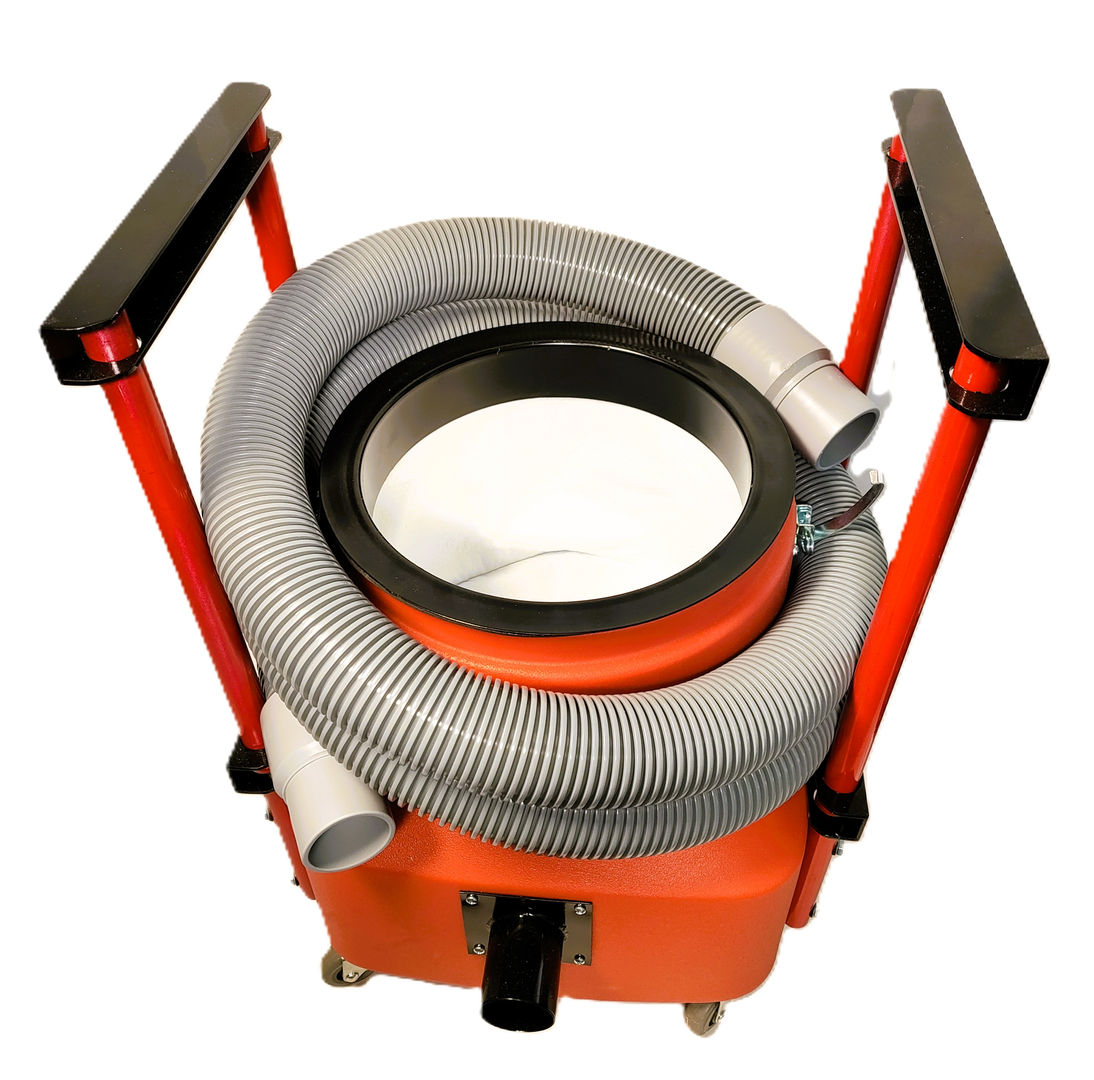Orange industrial vacuum system with hose and Mini-Enviro features, ready to use