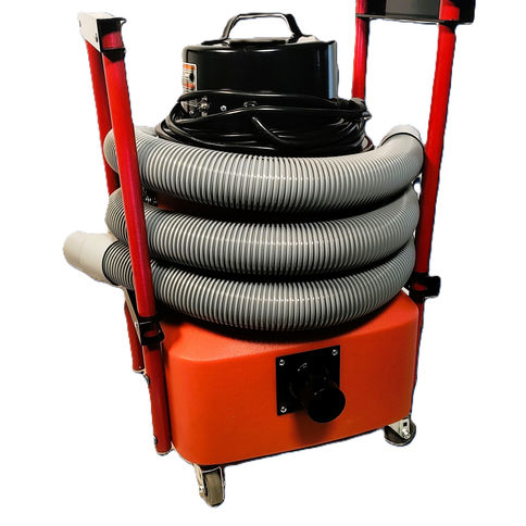 Orange industrial vacuum with coiled hose and handle, ready for use