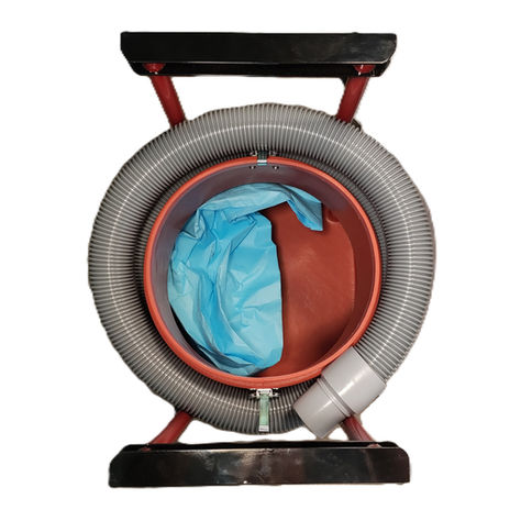 Circular industrial vacuum cleaner with a blue bag inside red container