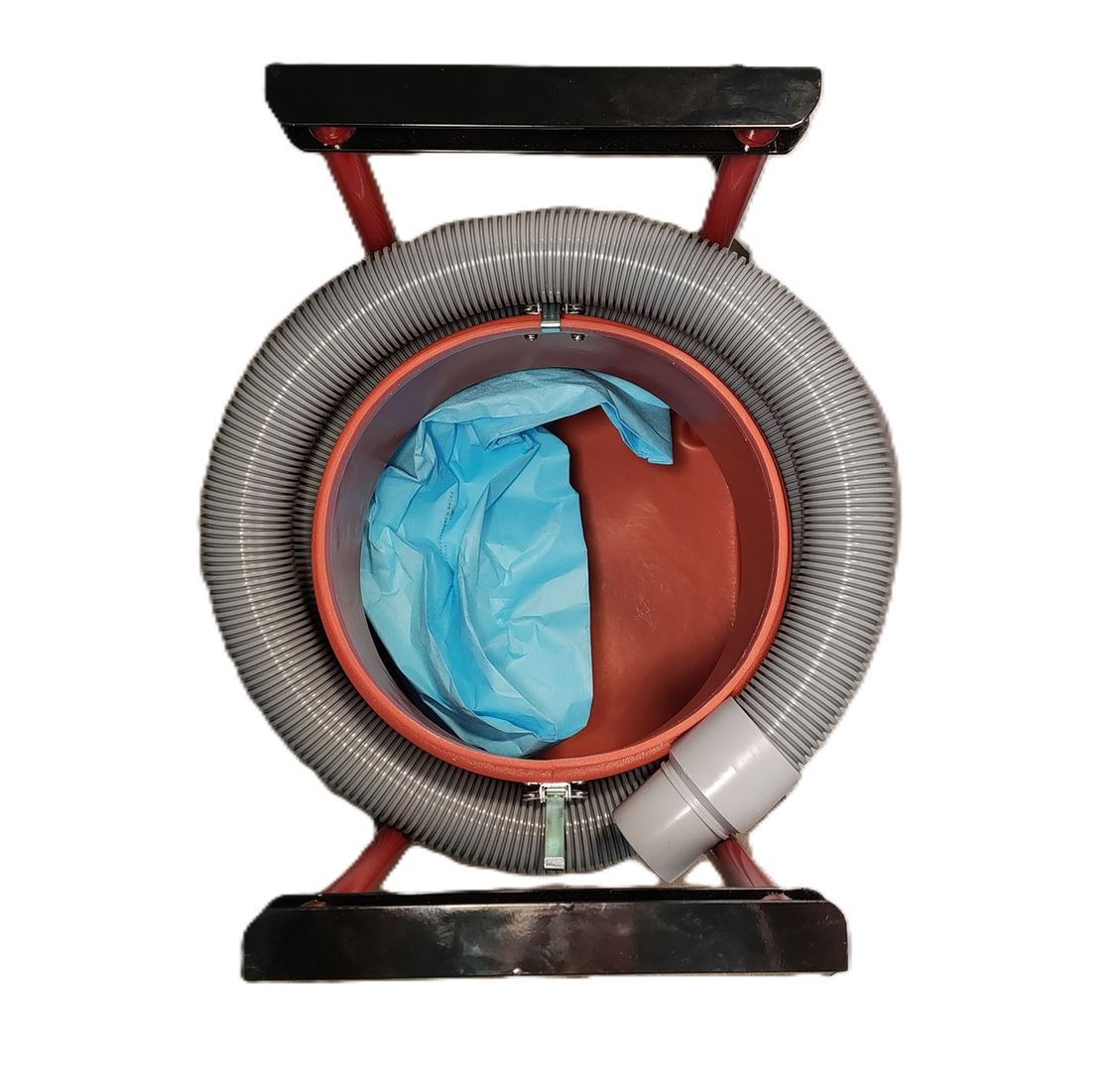 Circular industrial vacuum cleaner with a blue bag inside red container