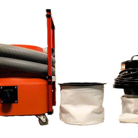 Orange industrial vacuum cleaner with hoses, bag, and electrical components against white background.