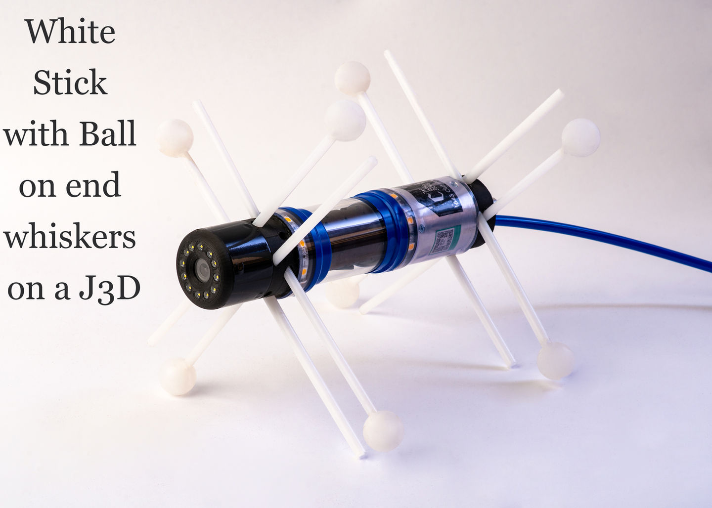 White Stick with Ball on end whiskers on a J3D, close up shot.