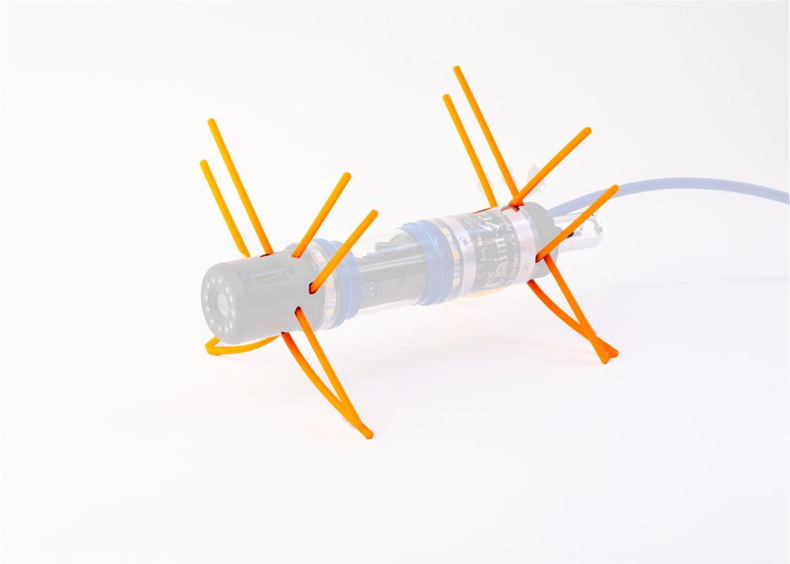 Robot with orange legs and a blue cable on a white background.