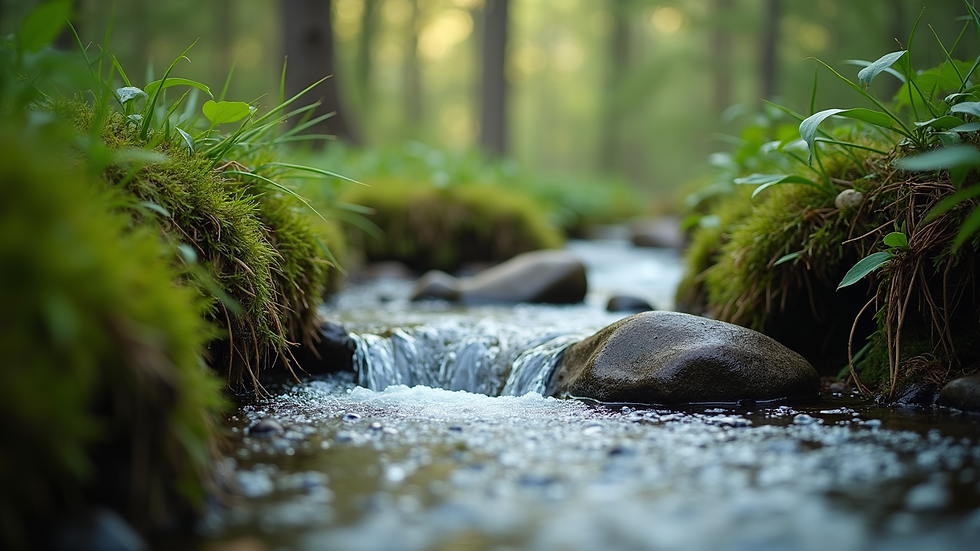 Close-up view of a serene nature scene with a flowing stream