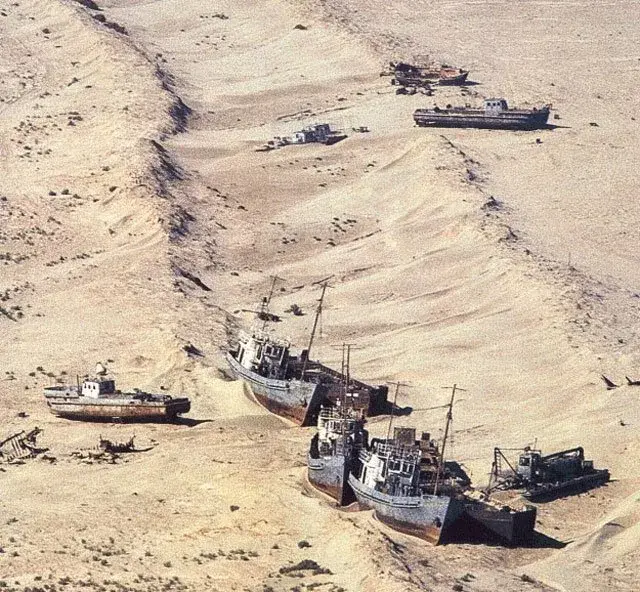Ships stranded on the former bed of the Aral Sea—a stark warning of what happens when a great inland lake is allowed to collapse. Prevention is far less costly than trying to restore an ecosystem after the damage is done.