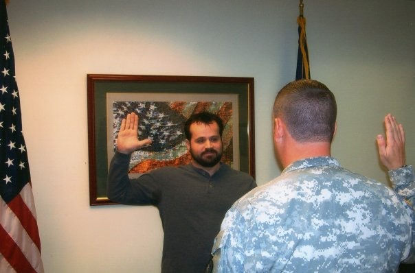 Drew in 2007 taking the oath of enlistment for his third term of service, this time changing uniforms and transfering into the Utah Army National Guard. Note: Drew Howells is a medically retired veteran of the United States Air Force, the Utah Air National Guard, and the Utah Army National Guard. Use of his military rank, titles, images, and photographs from his service does not imply endorsement by the Department of the Army, the Department of the Air Force, the Utah National Guard, or the Department of Defense.)