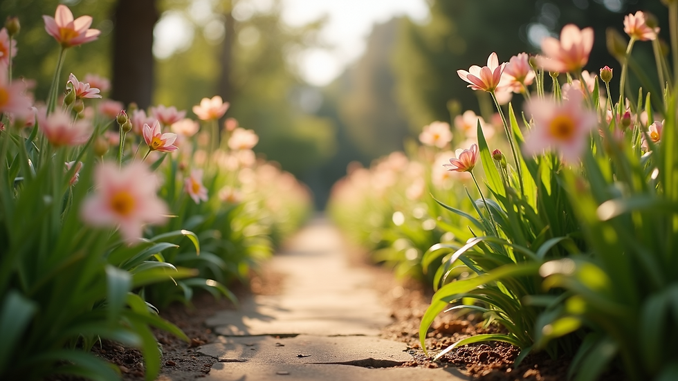 Eye-level view of a serene garden path lined with blooming flowers
