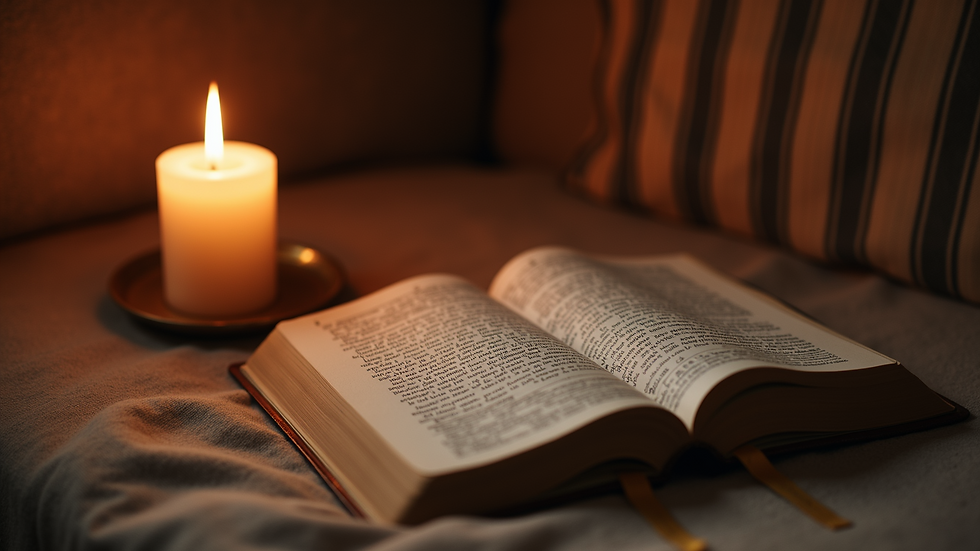 Eye-level view of a cozy corner with a devotional book and a lit candle
