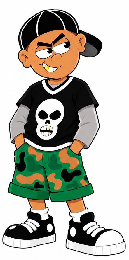 JD in a backward black cap, skull shirt, camouflage shorts, and sneakers