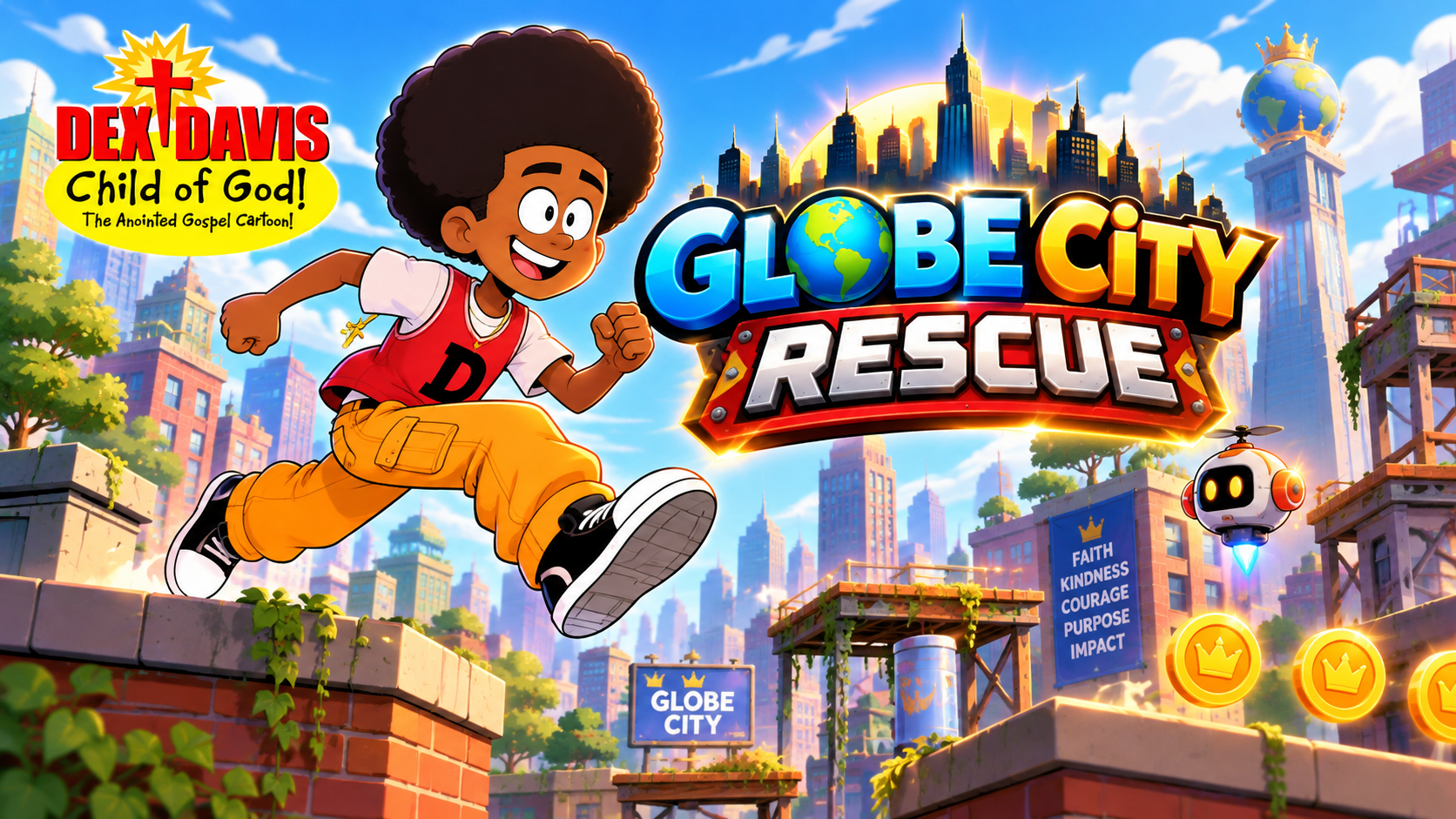 Dex Davis: Globe City Rescue — Dex running through Globe City