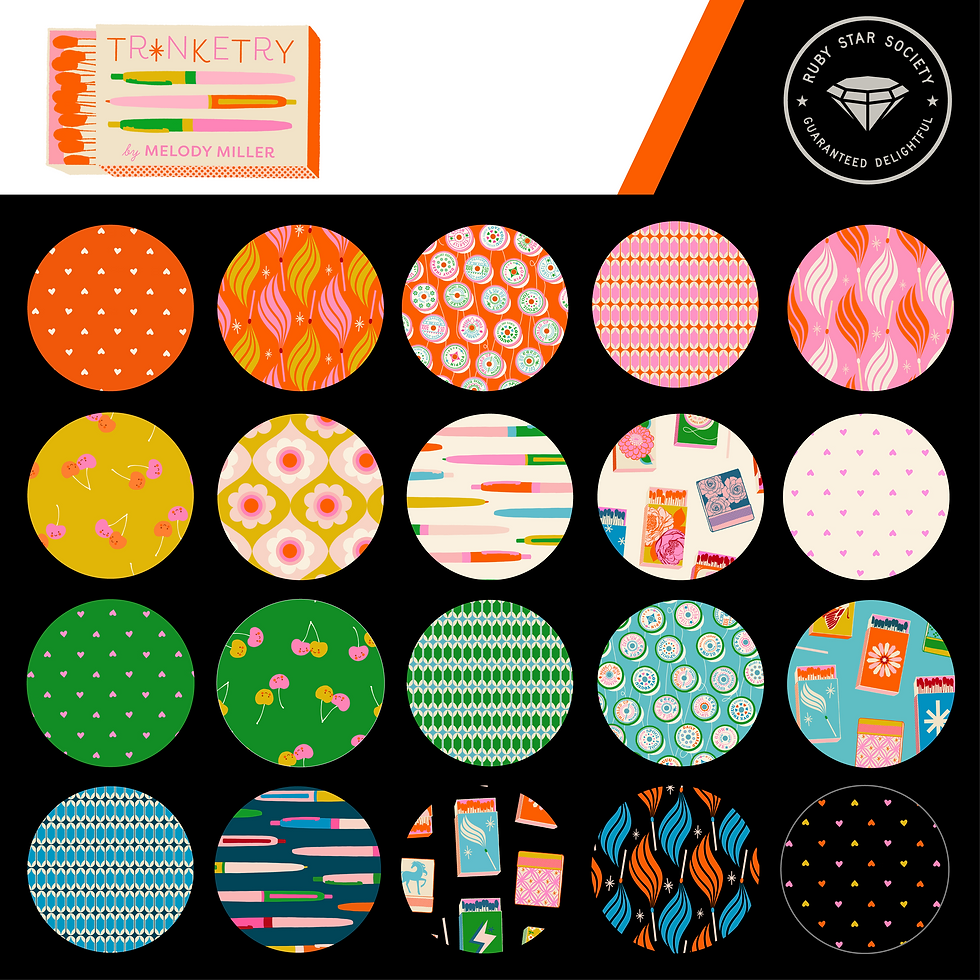 Thumbnail: Moda Bella Black fabric swatches in various patterns