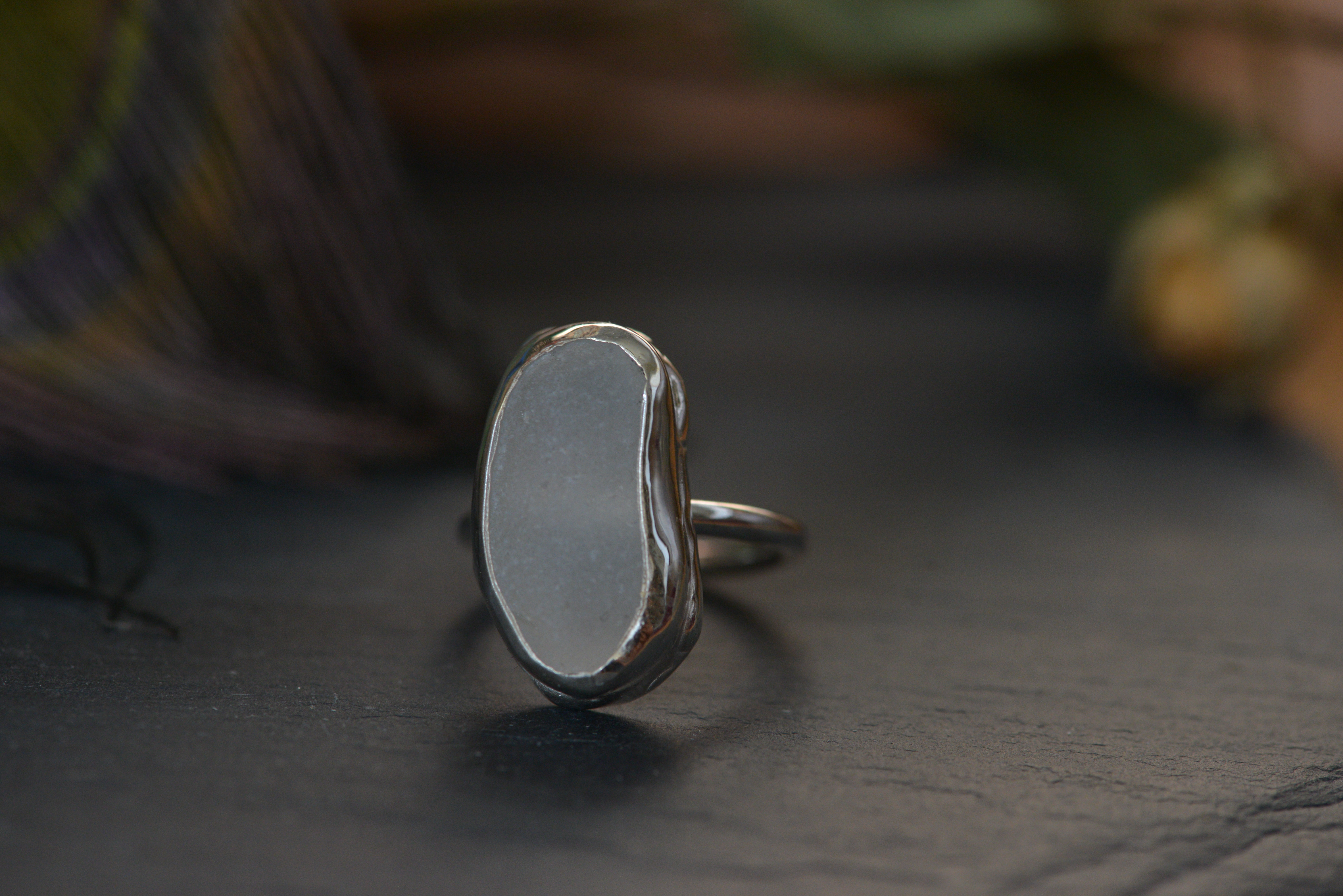 White sea glass set on sterling silver ring