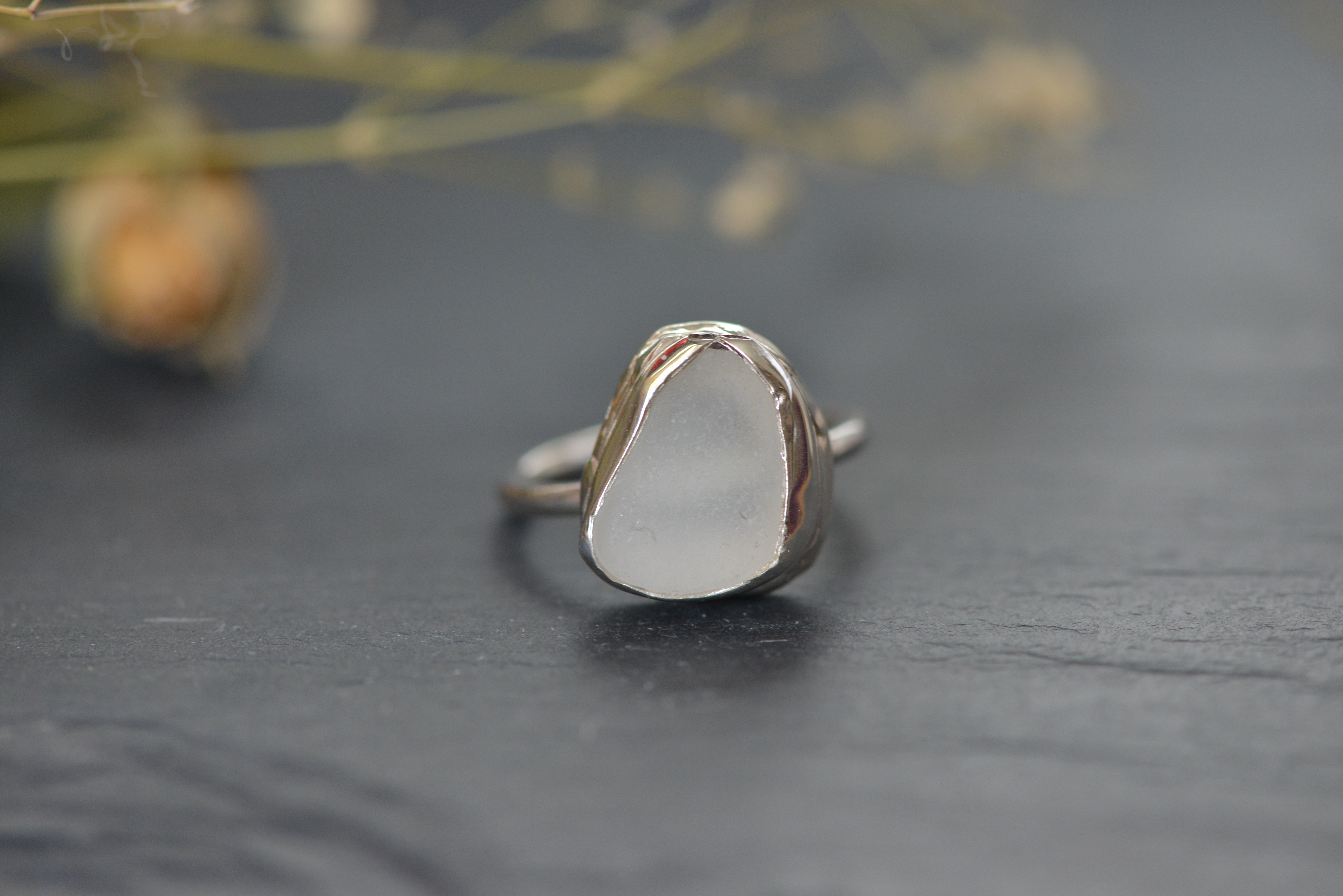 White sea glass set in sterling silver ring