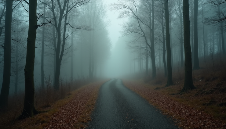 Eye-level view of a winding forest path disappearing into fog