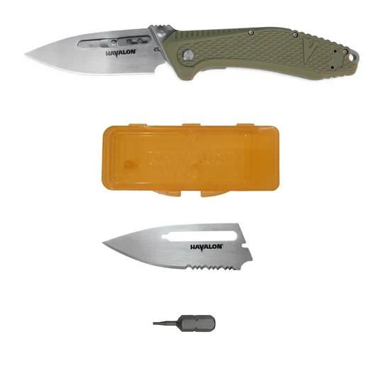 Components of Havalon REDI Green Folding Knife Interchangeable Blades XTC-REDI-G spread out