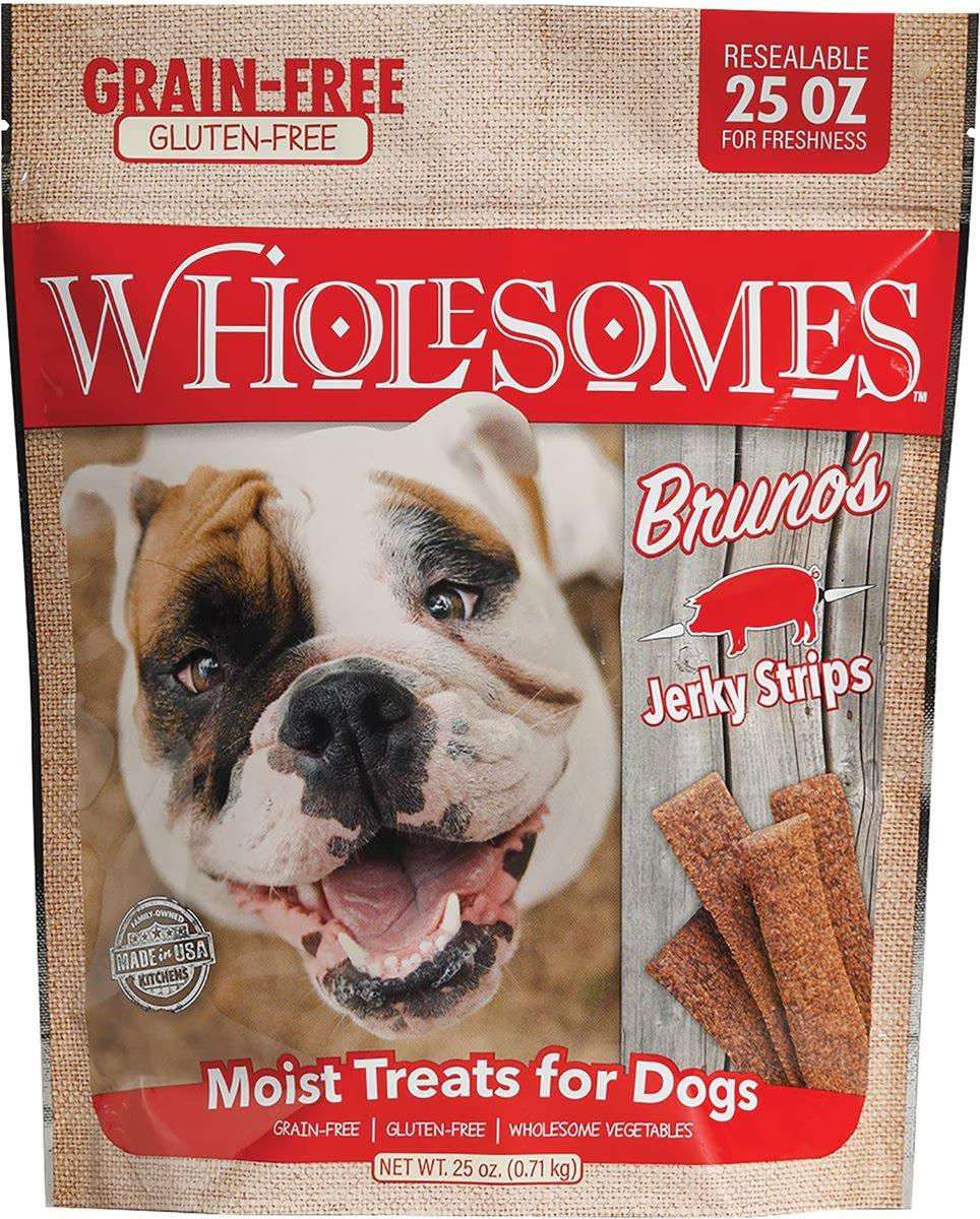 Wholesomes Bruno's Jerky Strips Dog Treats 25 oz front of bag