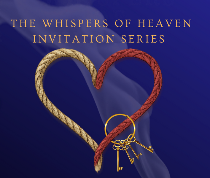 Course title The Whispers of Heaven Invitations Series with gold and scarlet cords forming a heart and keys hooked to the heart