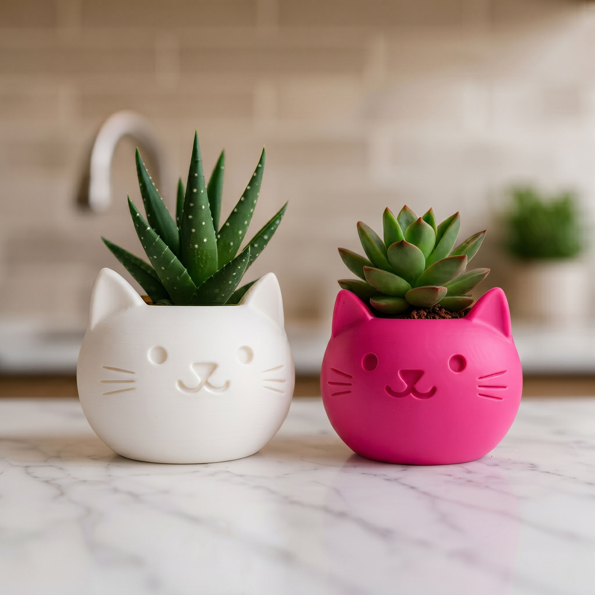 Par de vasos decorativos de gatinho, um branco e um rosa, com suculentas sobre a bancada da cozinha.