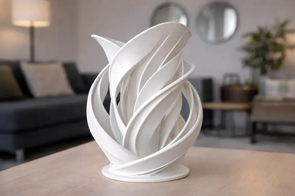 Miniatura: Vaso moderno branco em perspectiva destacando o design escultural e os detalhes das curvas.
