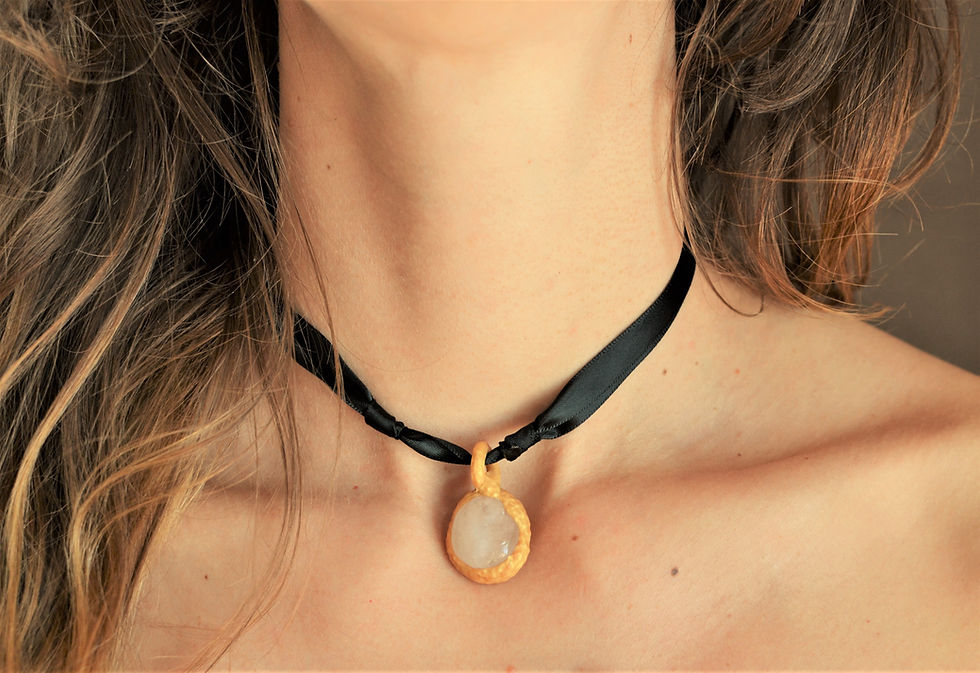 Thumbnail: Rhiannon Rose Quartz Stone + Gold Sculpted Clay Pendant Necklace