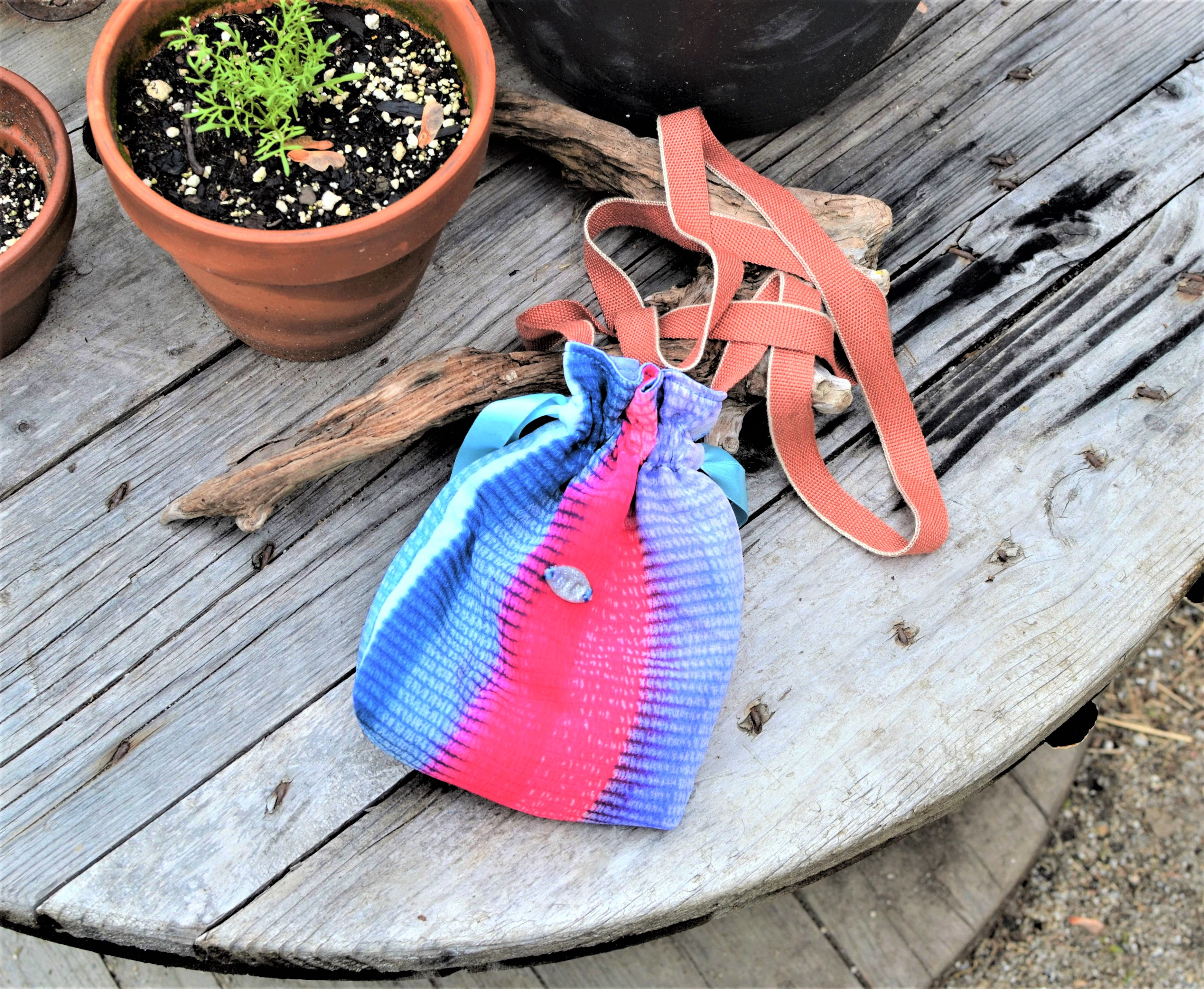 Pink + Blue Tie Dye Mini Drawstring Cross Body Purse Medicine Bag