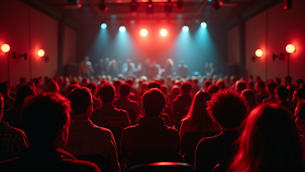 Wide angle view of a comedy club audience seated and watching the stage