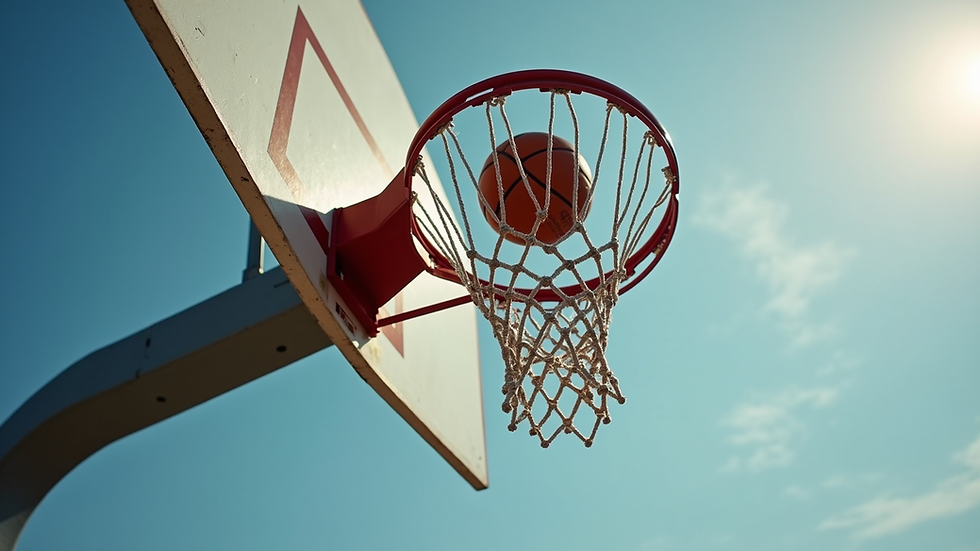 Close-up view of a basketball hoop with a ball about to go through the net
