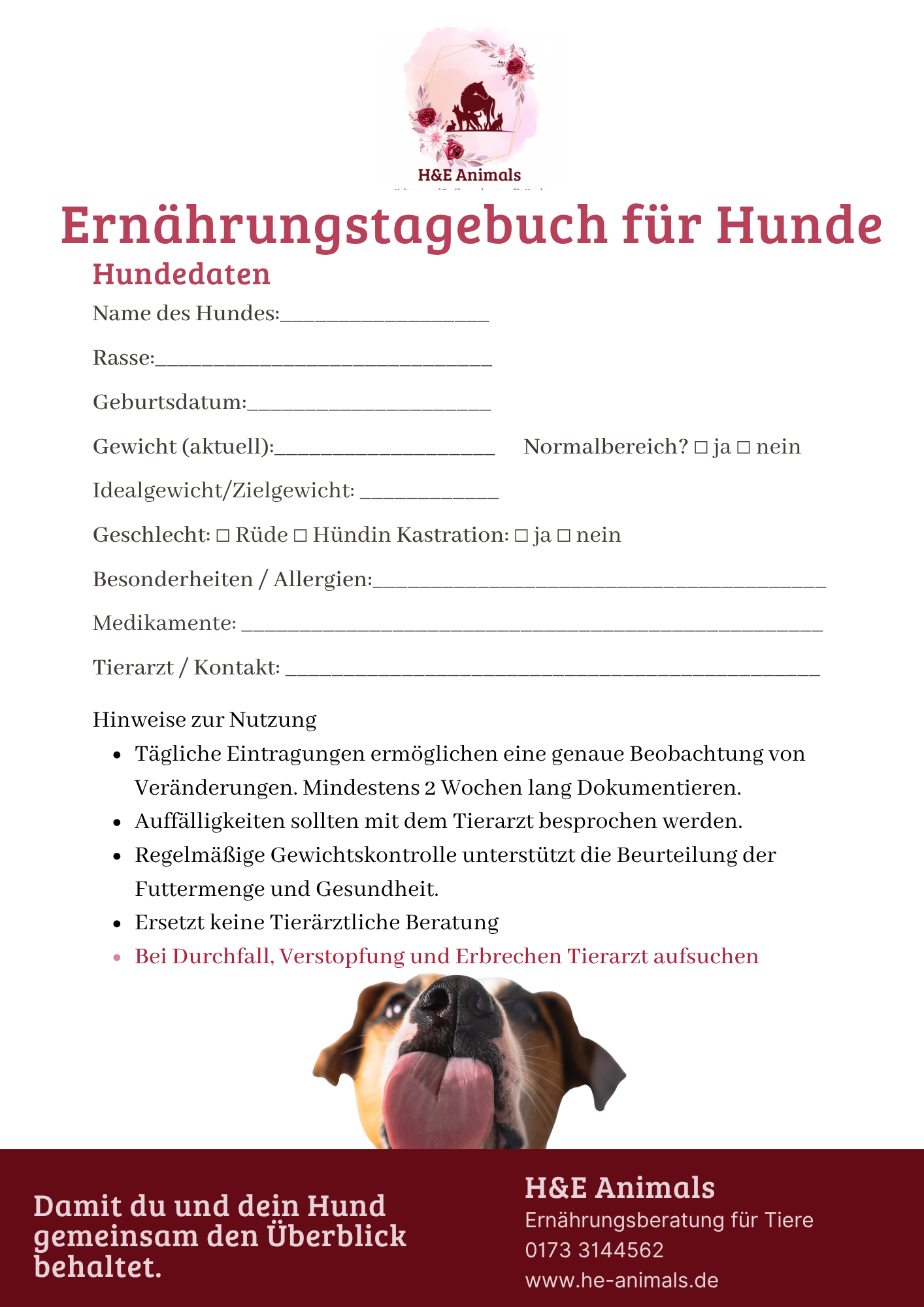 Ernährungstagebuch für Hunde