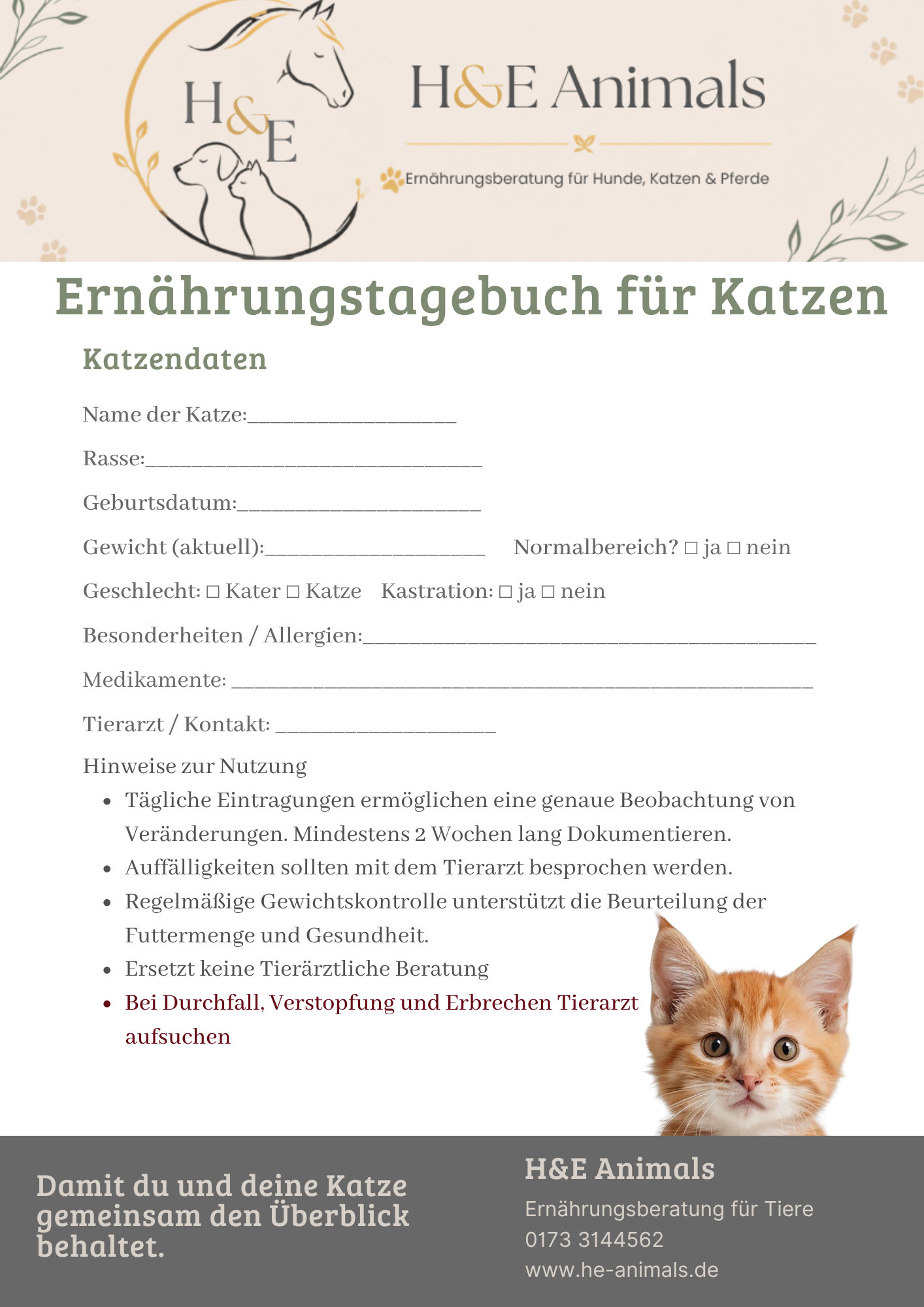 Ernährungstagebuch für Katzen