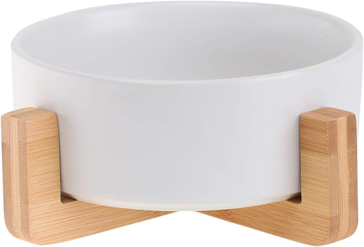 White Ceramic Pet Bowl Dish with Wood Stand 