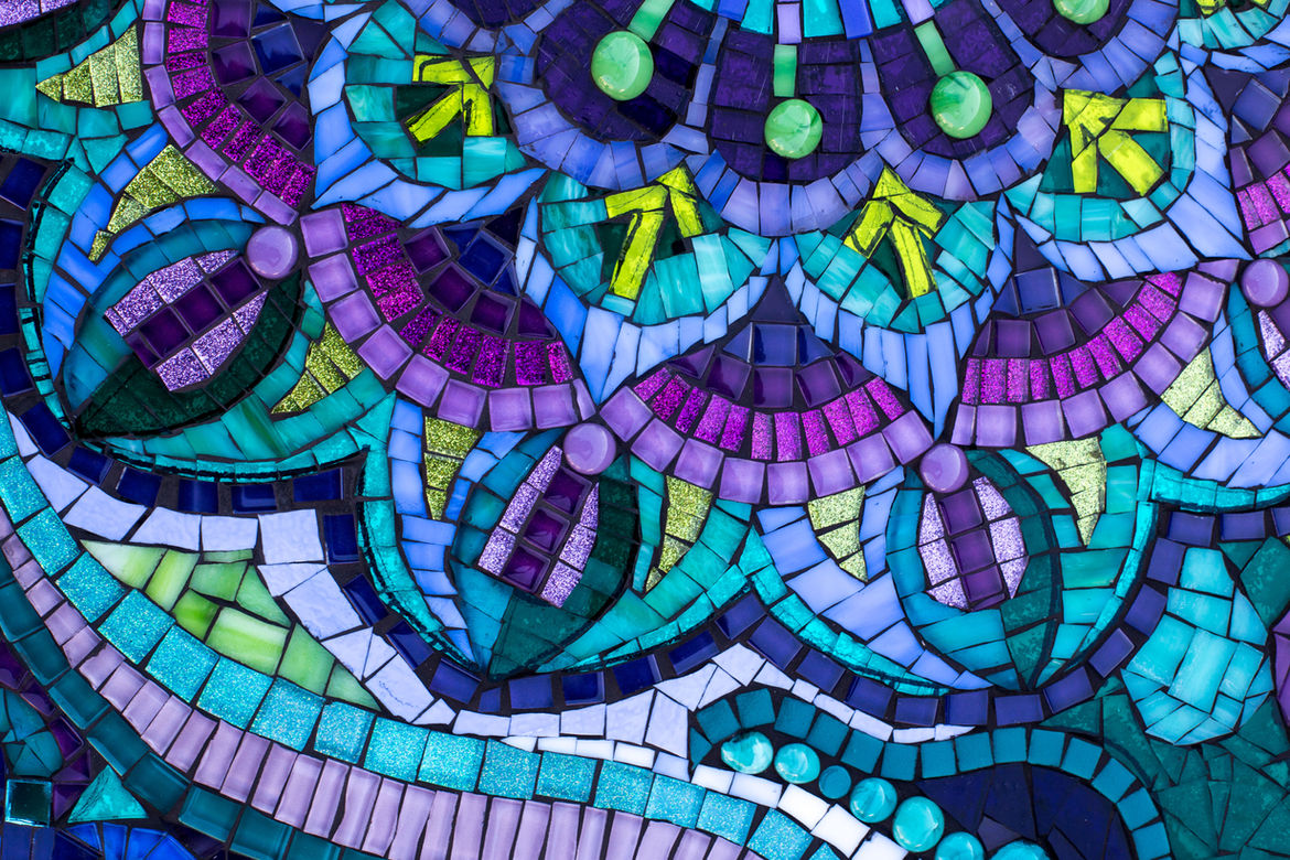 Vibrant purple, blue mandala mosaic art