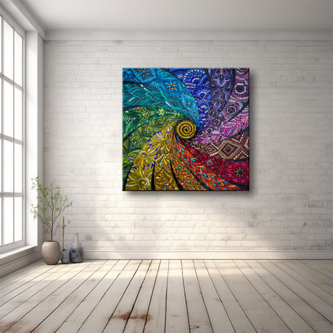 Vibrant rainbow mosaic artwork in a simple room setting