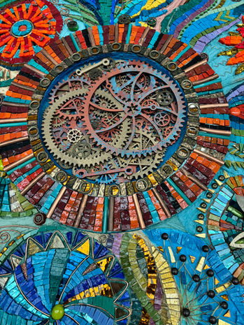 Intricate mosaic artwork detail: gears and flowers