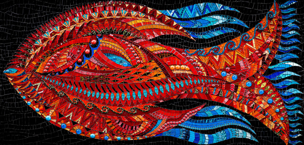 Ornate mosaic fish art, red and blue hues on black