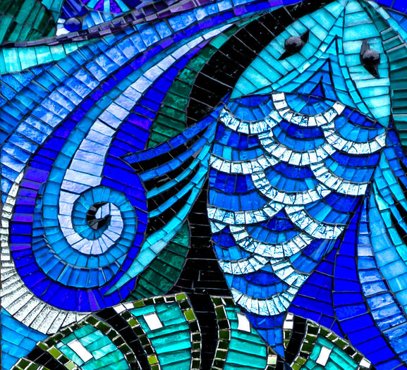 Abstract blue and teal mosaic artwork by julieedmundsmosaics