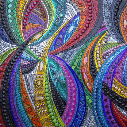 Abstract mosaic artwork: vibrant, swirling patterns in diverse colours and textures