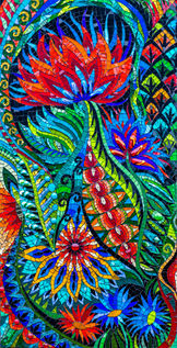 Vibrant floral and pattern mosaic artwork by julieedmundsmosaics