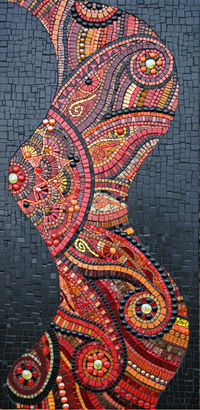 Abstract mosaic artwork: red, orange, and gold patterns on dark background