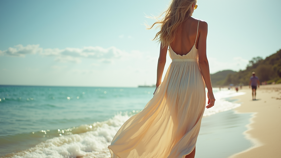 Eye-level view of a woman wearing a breezy maxi dress on the beach