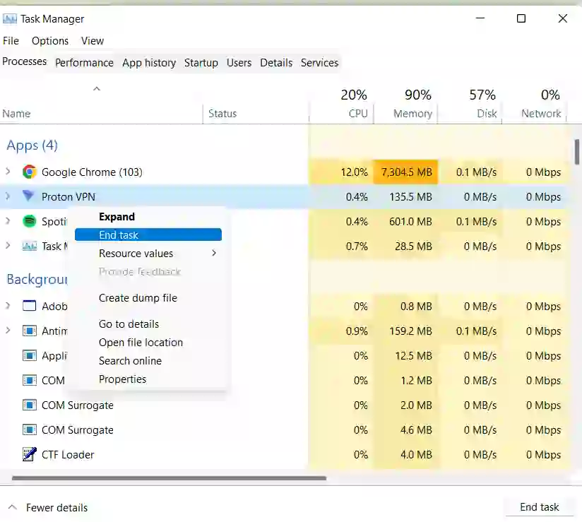 task manager vpn off