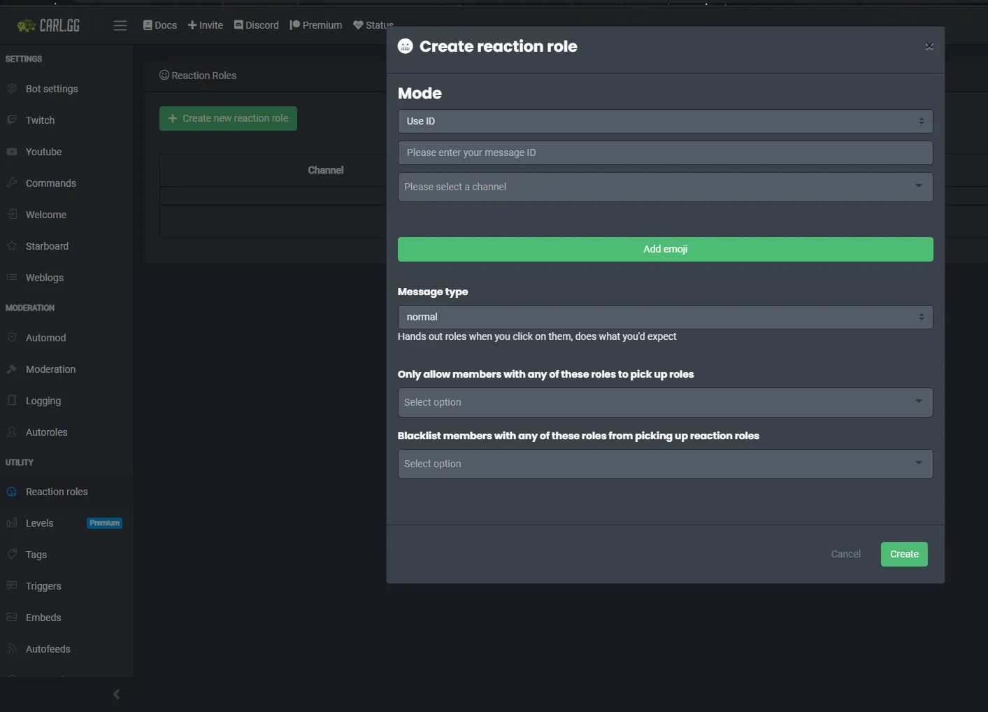 carl bot dashboard reaction role