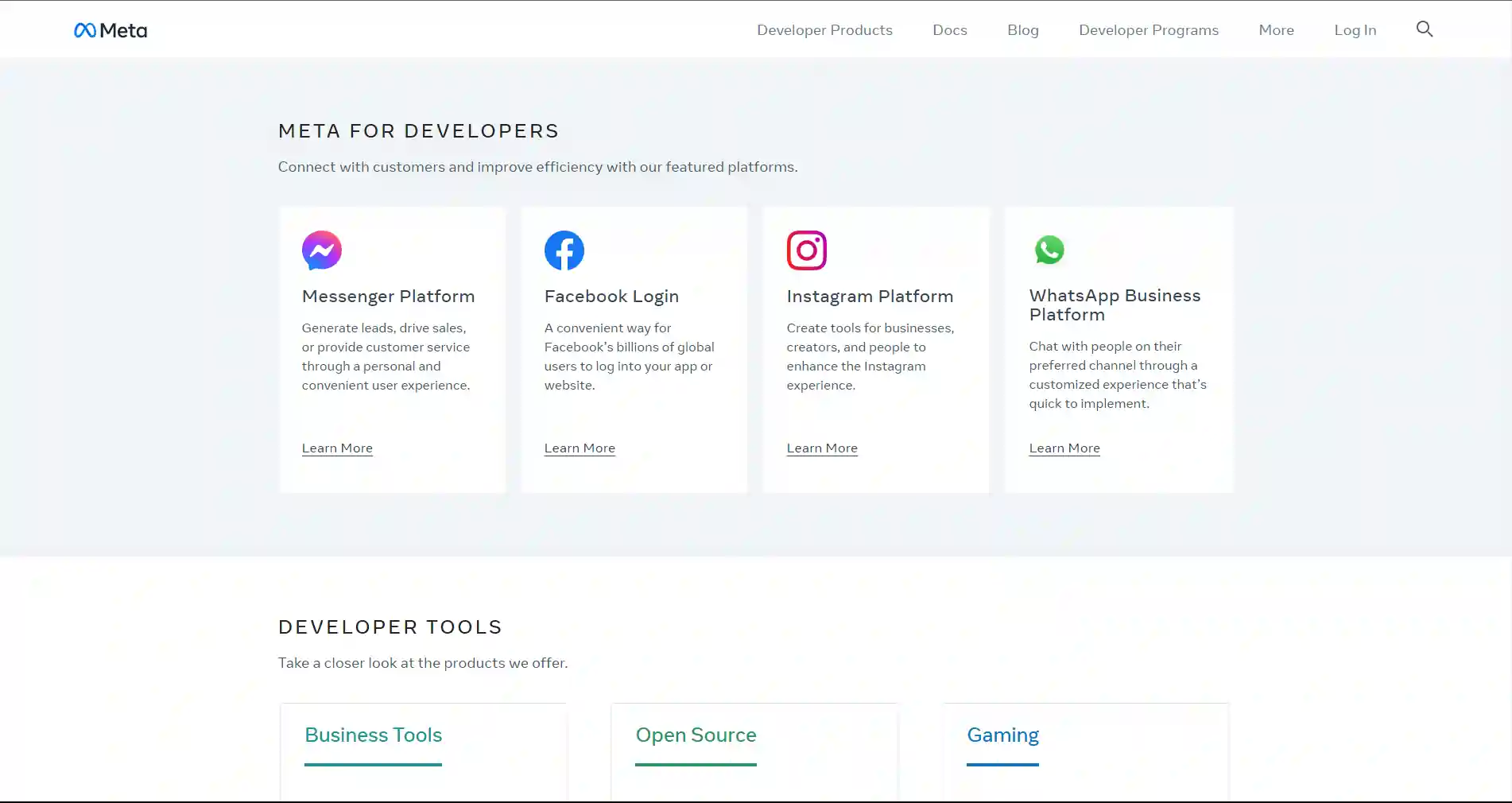 Facebook developers page