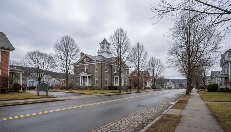 Wide-angle view of Ansonia City Hall on a quiet street.