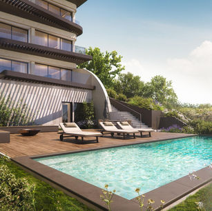 IMMOMADEIRA präsentiert eine Illustration der Wohnanlage SUBLIME RESIDENCE mit Pool-Terrasse, Garten und Traumblick über die Bucht von Funchal auf den Atlantik.