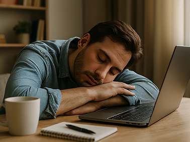 גבר עם עייפות כרונית נרדם ליד המחשב