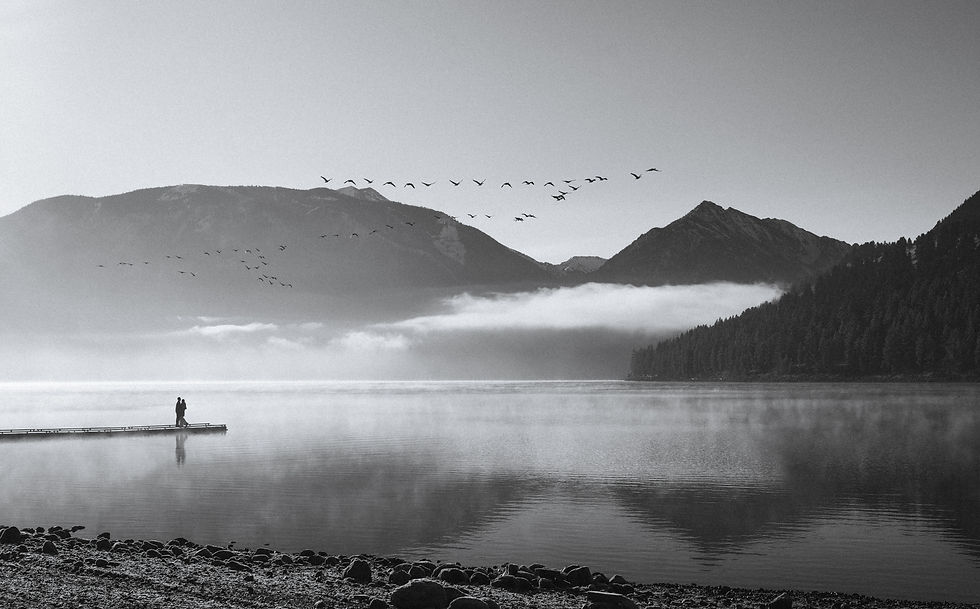 A couple stands on a dock over a serene lake, surrounded by mountains and fog. Birds fly in the sky, creating a peaceful mood. Black and white.