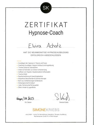 Zertifikat Hypnose Coach Elvira Achatz