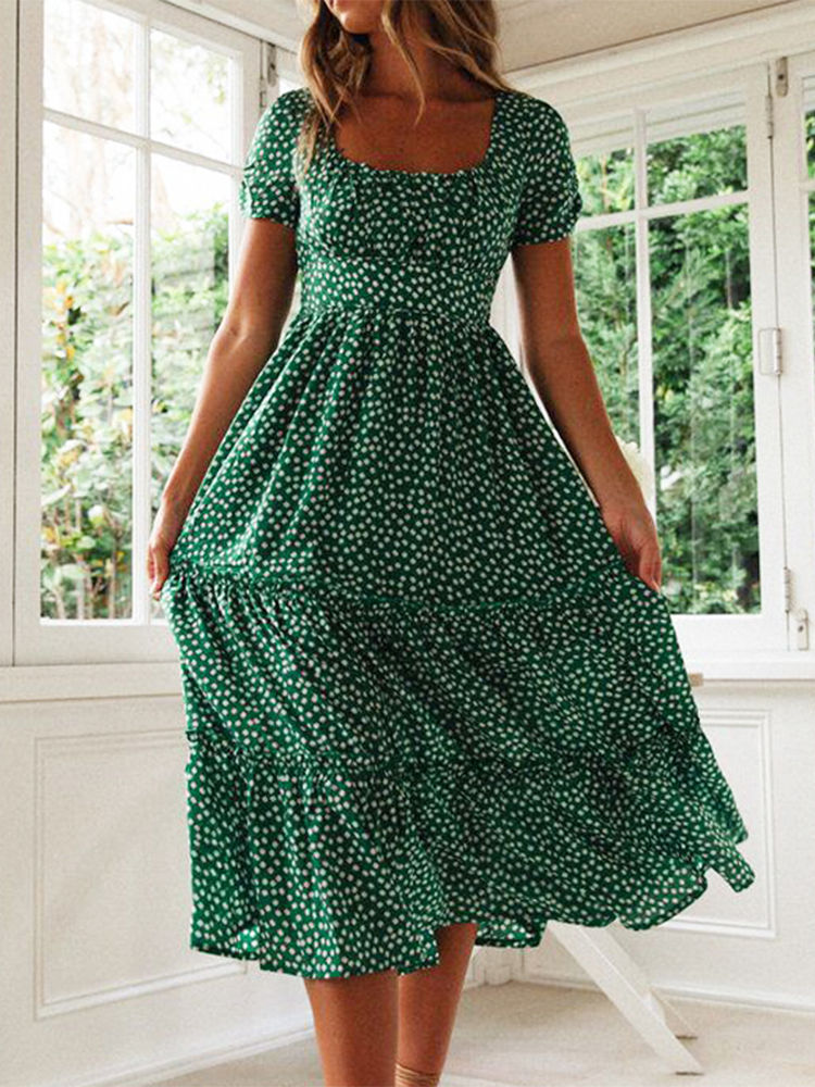 Vestidos Vintage Vintage Print Puff Sleeve summer Beach sweet dresses Casual Squ