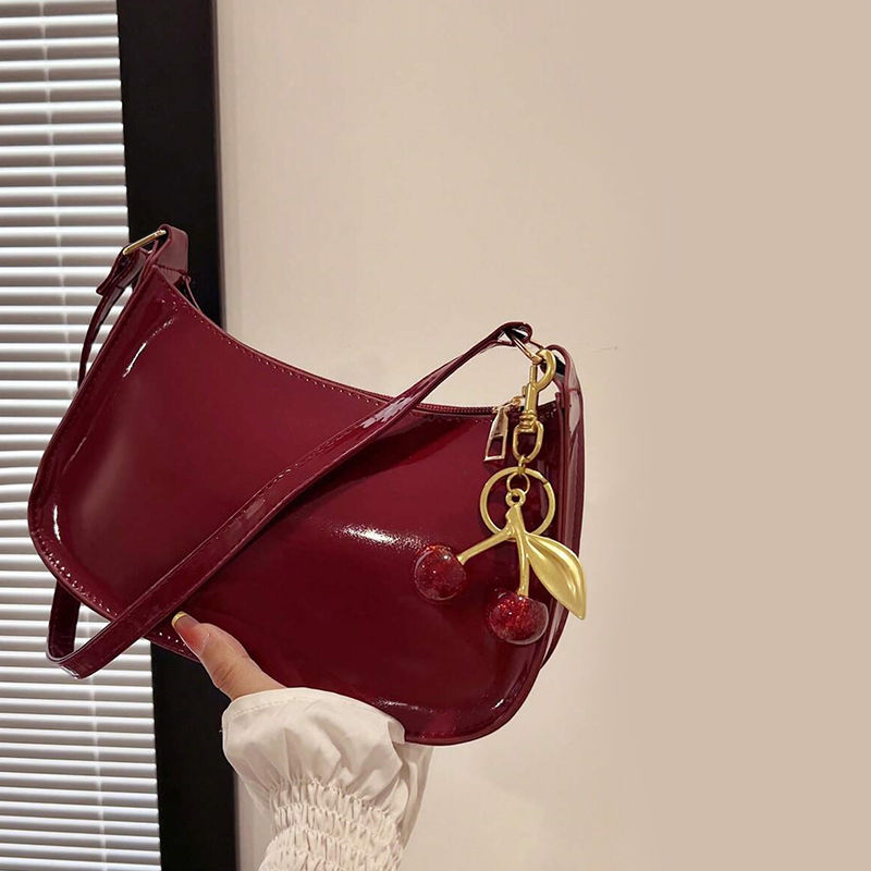 Women's PU Leather Handbag Versatile Fashion Solid Color Cherry Pendant Shoulder