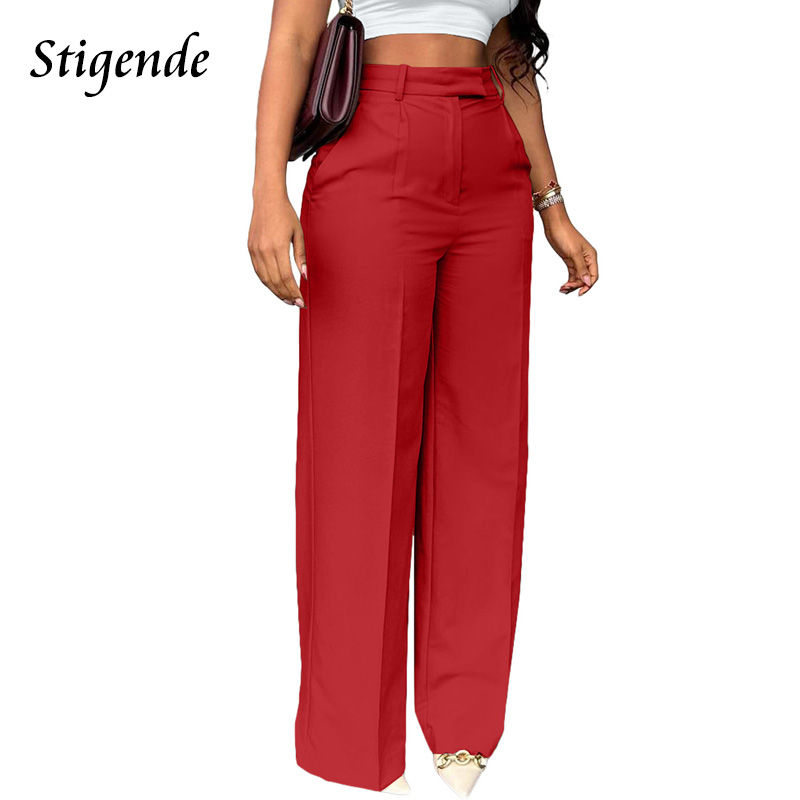 Thumbnail: Stigende Wide Leg Straight Dress Pants with Pocket Women Plain Color Business Ca